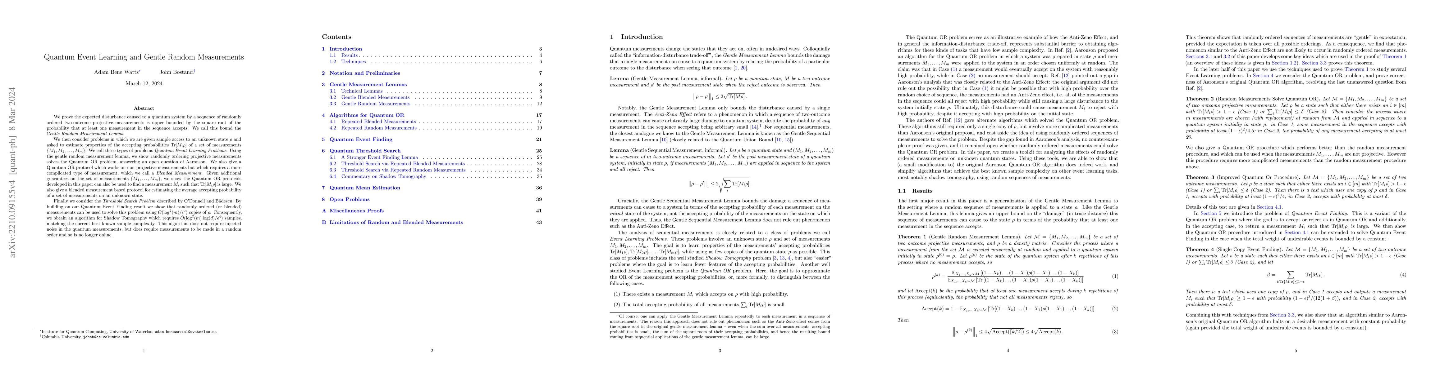 Thumbnail for Quantum Event Learning and Gentle Random Measurements