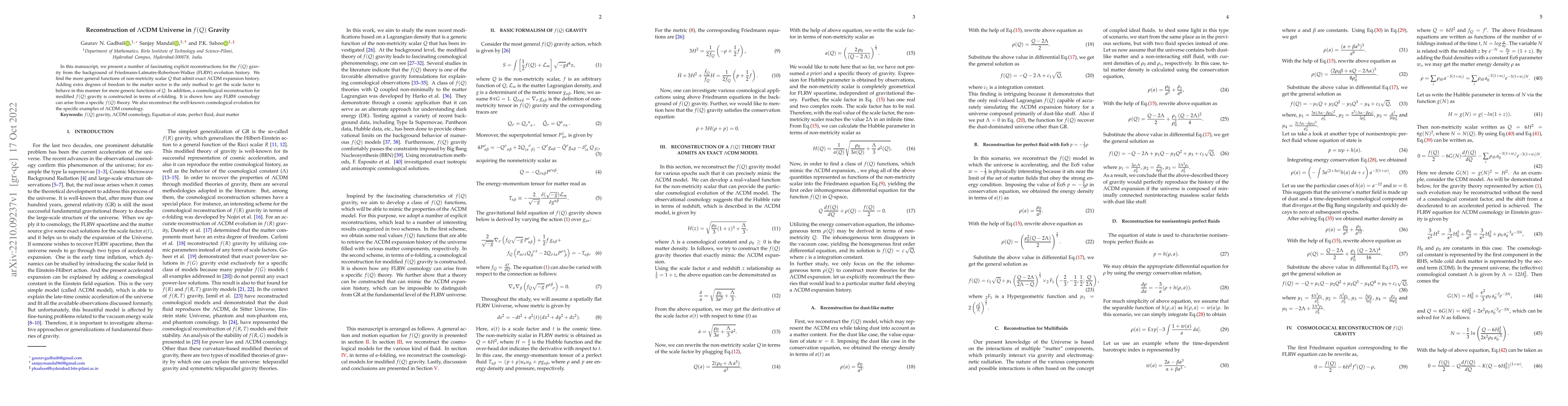 Thumbnail for Reconstruction of $\Lambda$CDM Universe in $f(Q)$ Gravity
