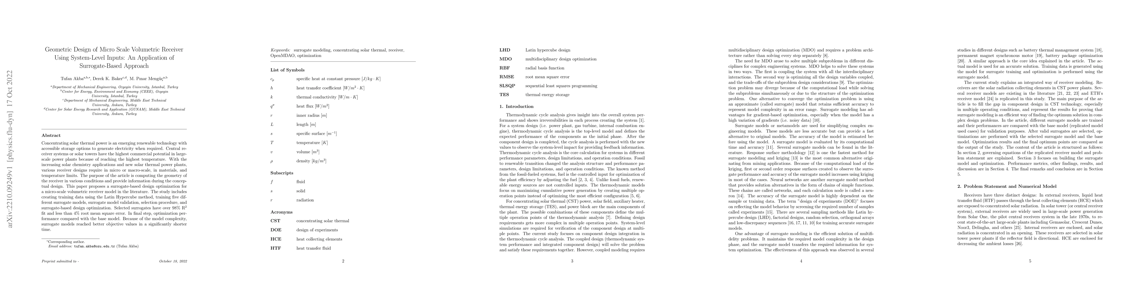 Thumbnail for Geometric Design of Micro Scale Volumetric Receiver Using System-Level
  Inputs: An Application of Surrogate-Based Approach