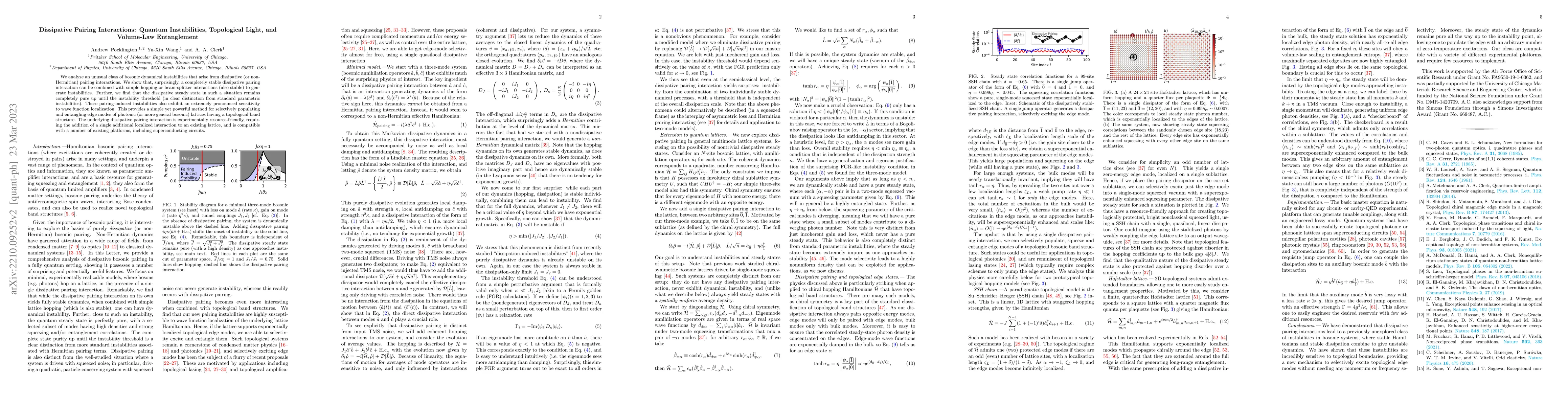 Thumbnail for Dissipative Pairing Interactions: Quantum Instabilities, Topological
  Light, and Volume-Law Entanglement