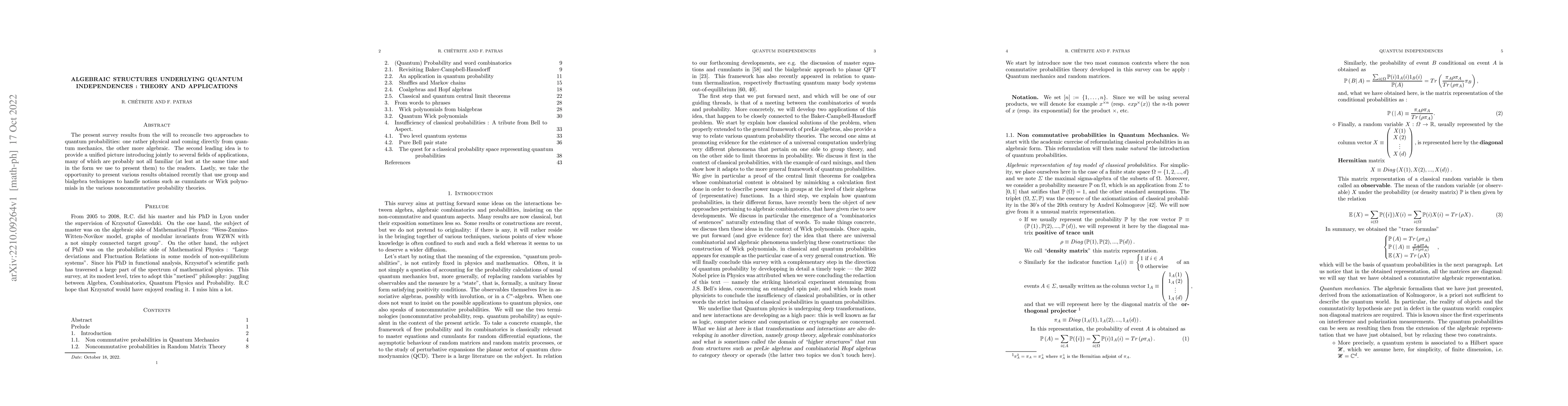 Thumbnail for Algebraic structures underlying quantum independences : Theory and
  Applications