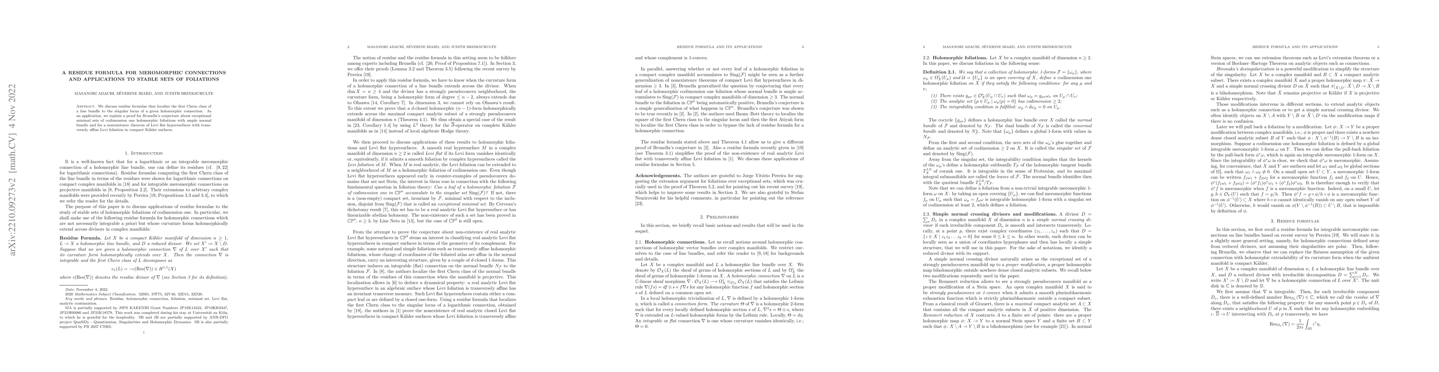 Thumbnail for A residue formula for meromorphic connections and applications to stable
  sets of foliations