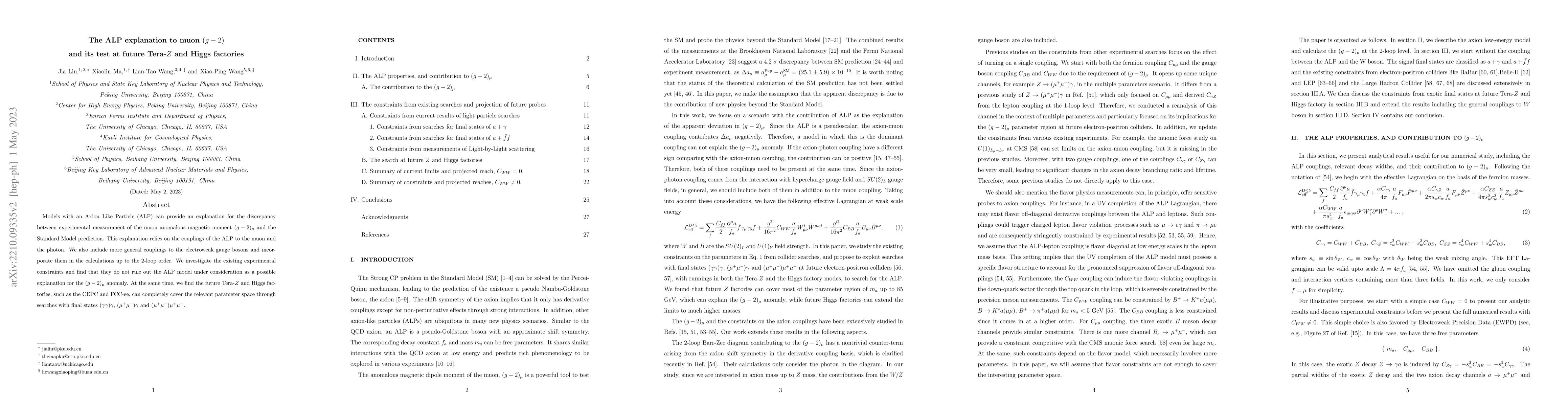 Thumbnail for The ALP explanation to muon $(g-2)$ and its test at future Tera-$Z$ and
  Higgs factories