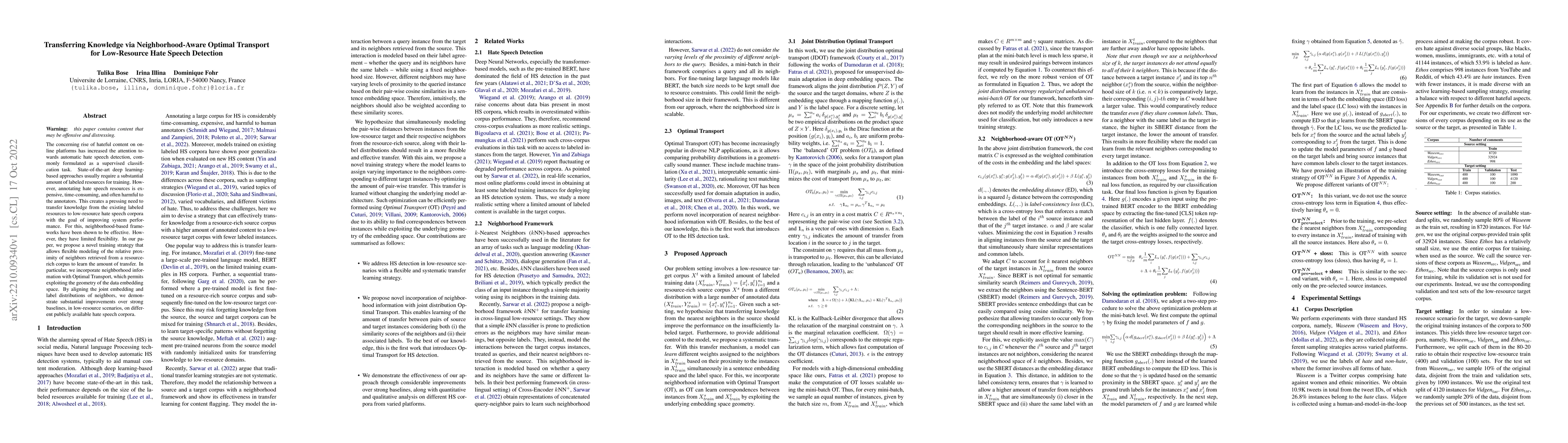 Thumbnail for Transferring Knowledge via Neighborhood-Aware Optimal Transport for
  Low-Resource Hate Speech Detection