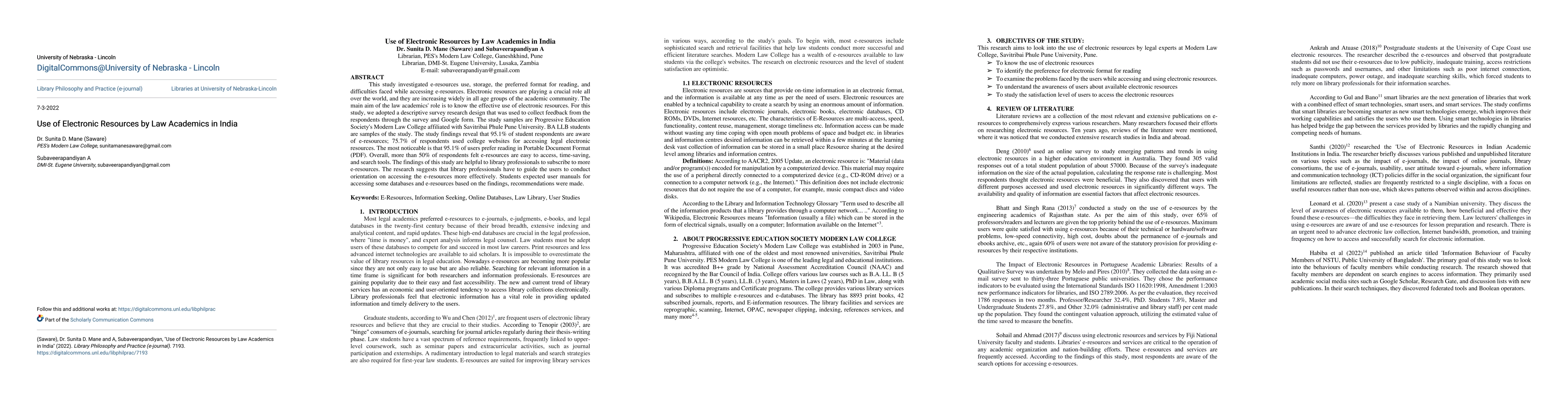 Thumbnail for Use of Electronic Resources by Law Academics in India