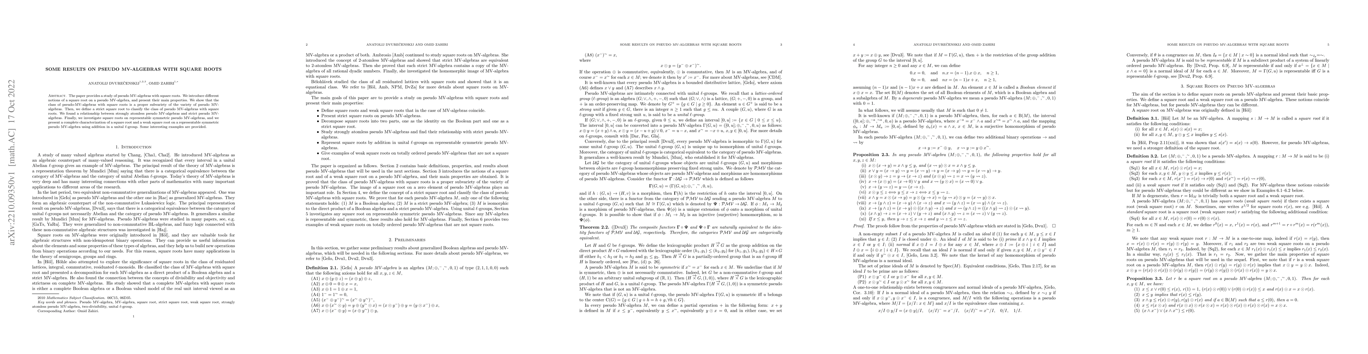 Thumbnail for Some results on pseudo MV-algebras with square roots