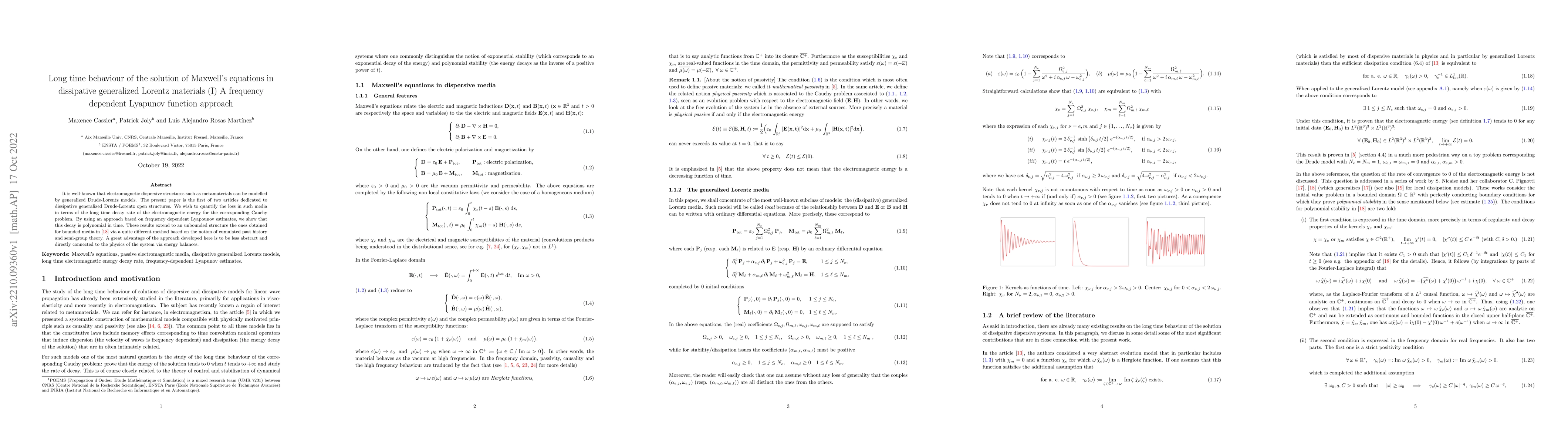 Thumbnail for Long time behaviour of the solution of Maxwell's equations in
  dissipative generalized Lorentz materials (I) A frequency dependent Lyapunov
  function approach