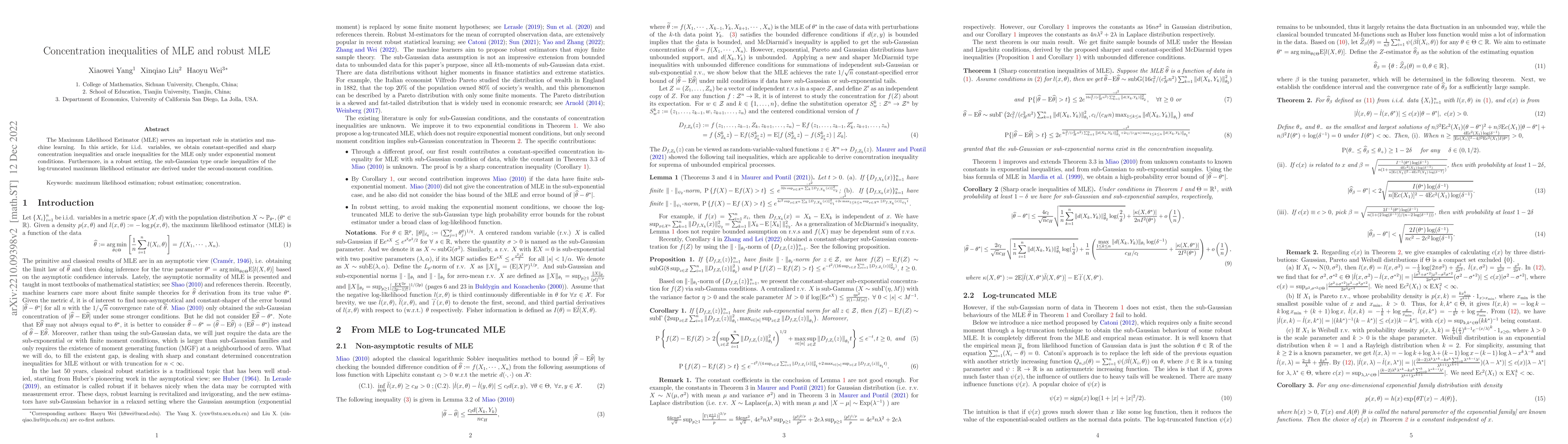 Thumbnail for Concentration inequalities of MLE and robust MLE