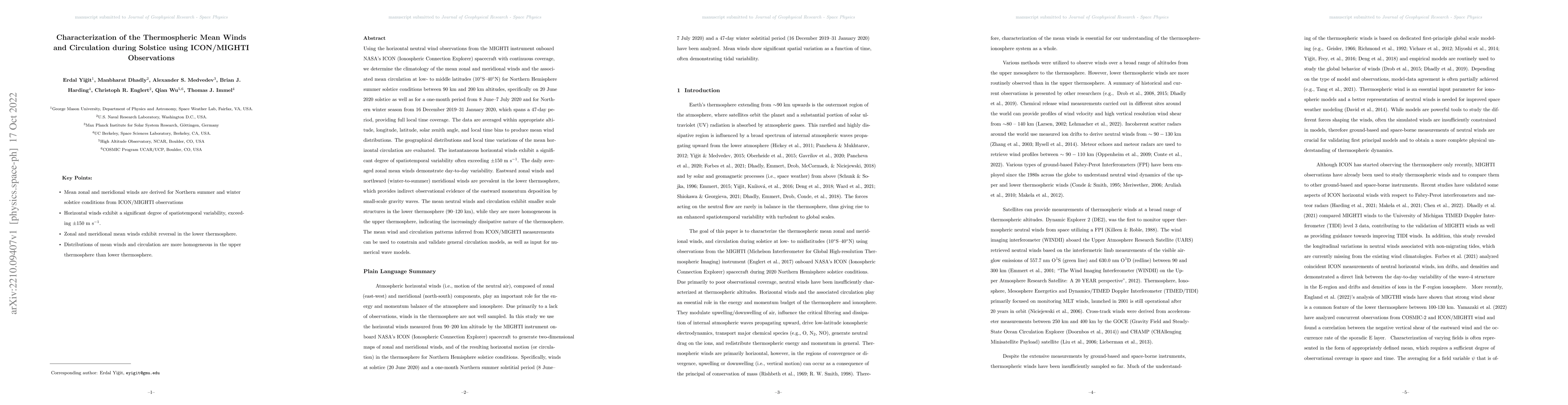Thumbnail for Characterization of the Thermospheric Mean Winds and Circulation during
  Solstice using ICON/MIGHTI Observations