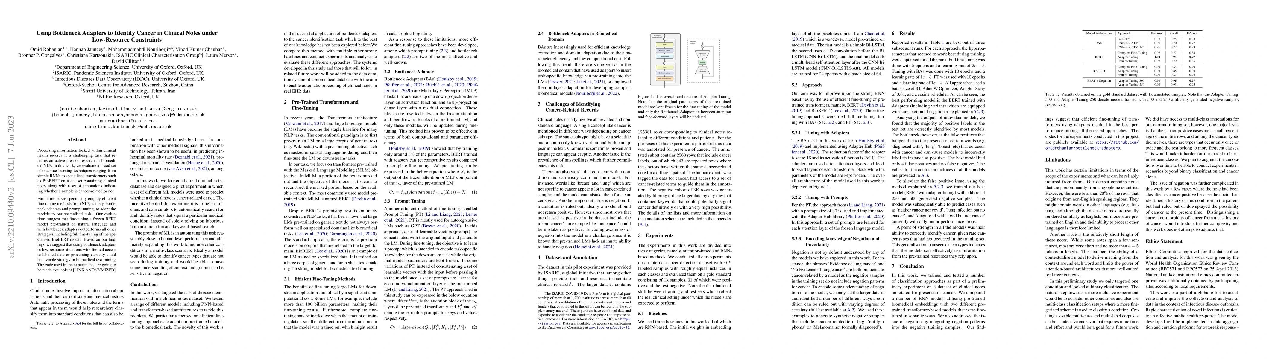 Thumbnail for Using Bottleneck Adapters to Identify Cancer in Clinical Notes under
  Low-Resource Constraints