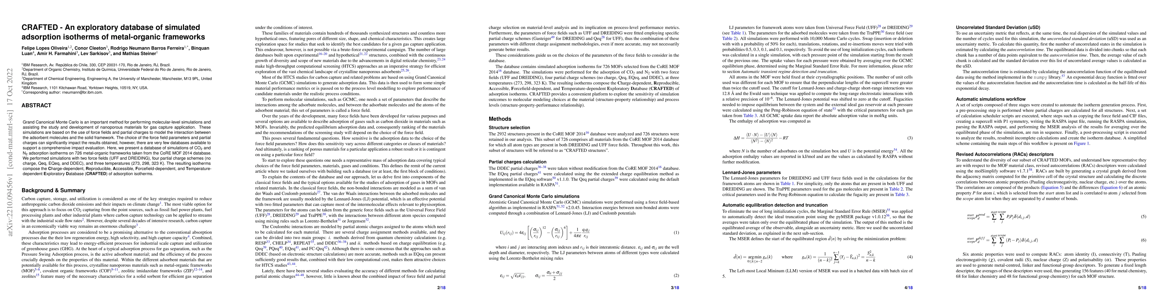 Thumbnail for CRAFTED -- An exploratory database of simulated adsorption isotherms of
  metal-organic frameworks