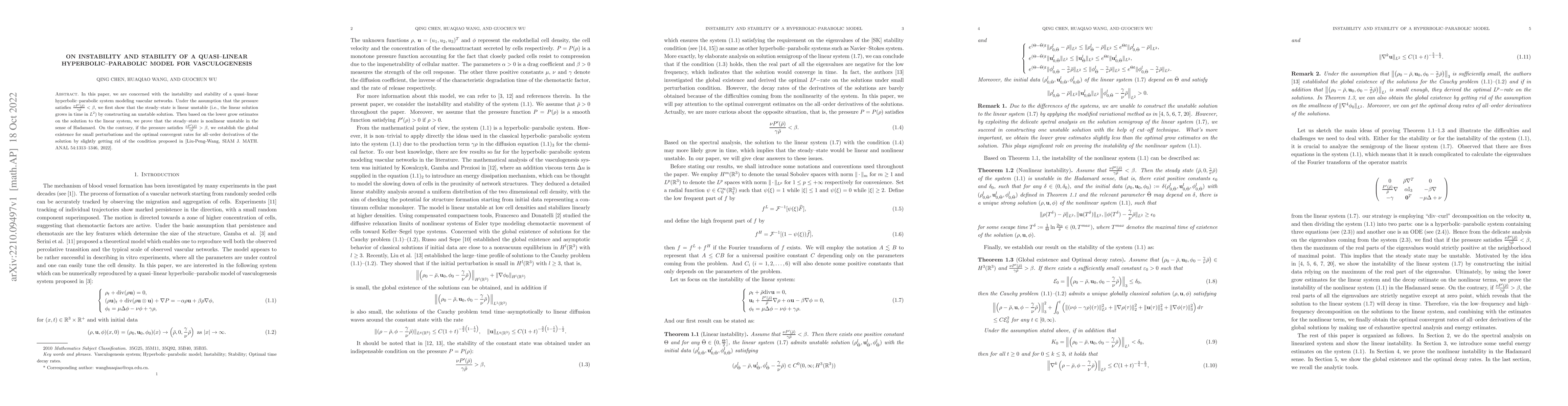 Thumbnail for On instability and stability of a quasi-linear hyperbolic-parabolic
  model for vasculogenesis