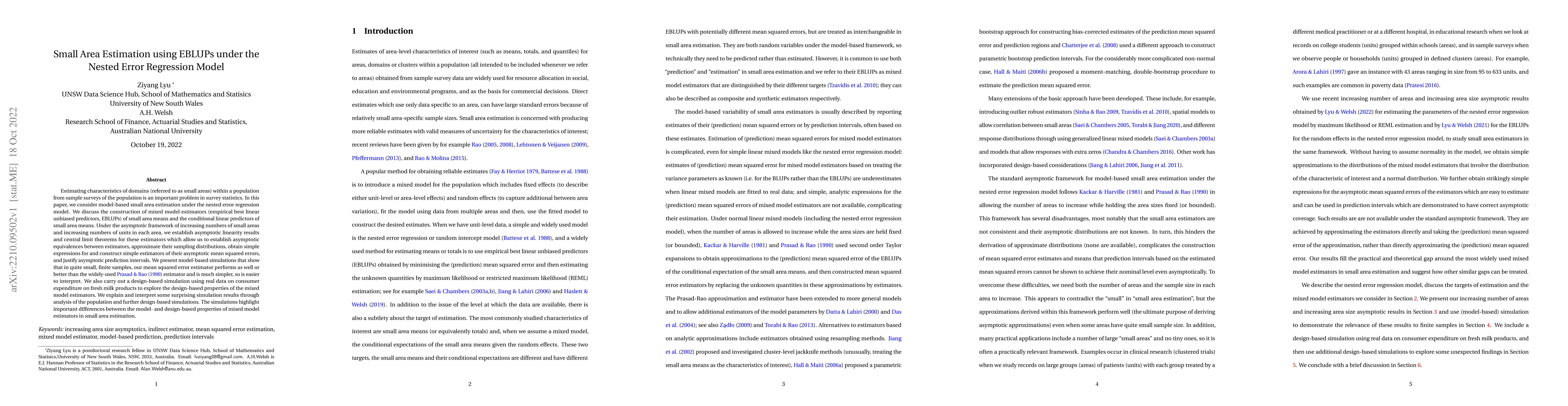 Thumbnail for Small Area Estimation using EBLUPs under the Nested Error Regression
  Model