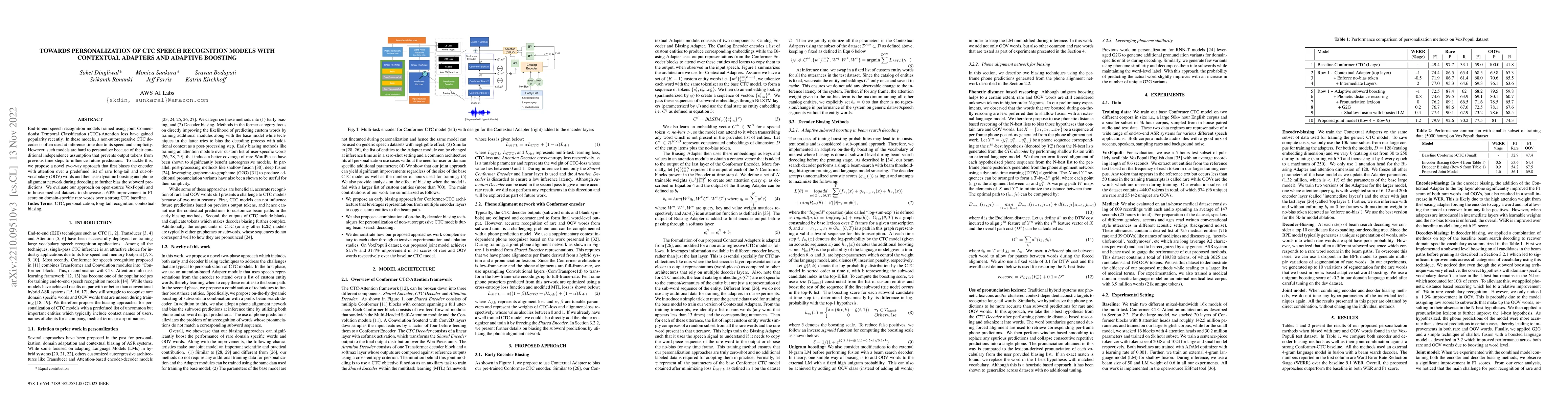 Thumbnail for Towards Personalization of CTC Speech Recognition Models with Contextual
  Adapters and Adaptive Boosting