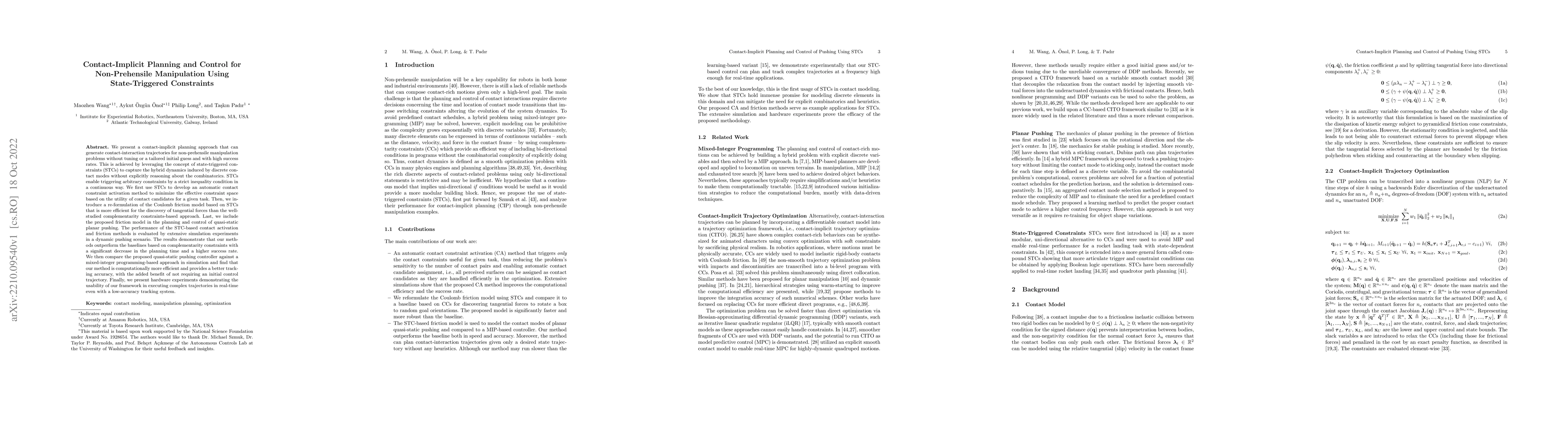 Thumbnail for Contact-Implicit Planning and Control for Non-Prehensile Manipulation
  Using State-Triggered Constraints