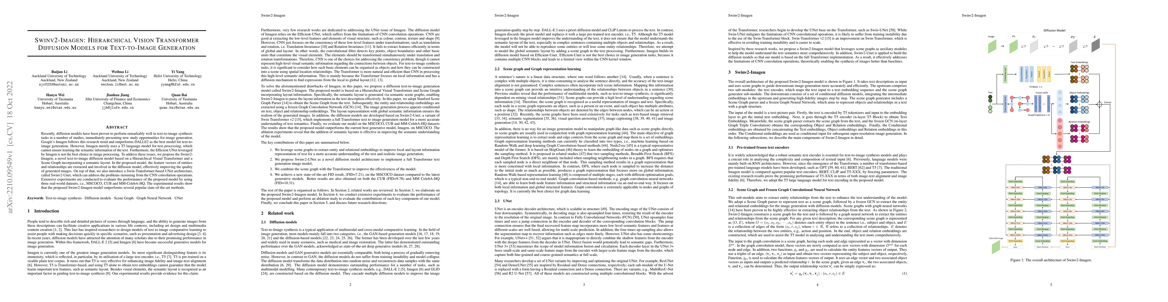 Thumbnail for Swinv2-Imagen: Hierarchical Vision Transformer Diffusion Models for
  Text-to-Image Generation