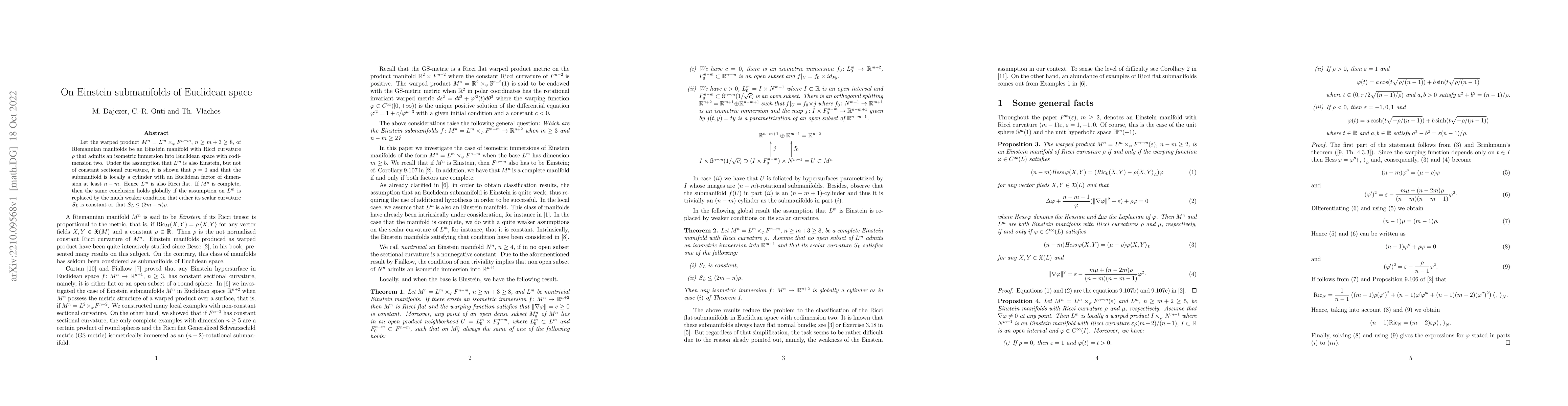 Thumbnail for On Einstein submanifolds of Euclidean space