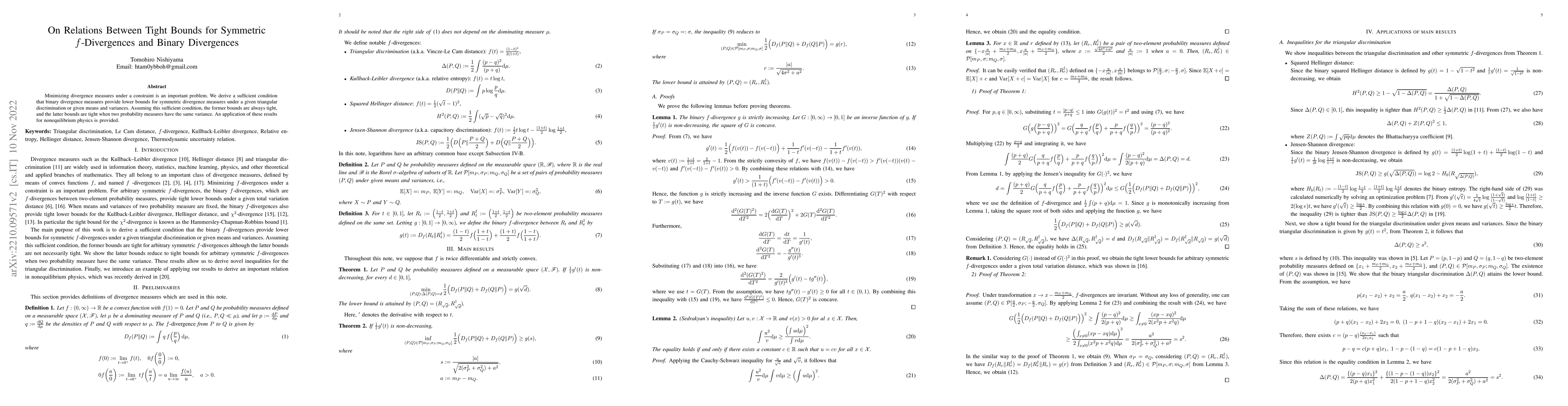 Thumbnail for On Relations Between Tight Bounds for Symmetric $f$-Divergences and
  Binary Divergences