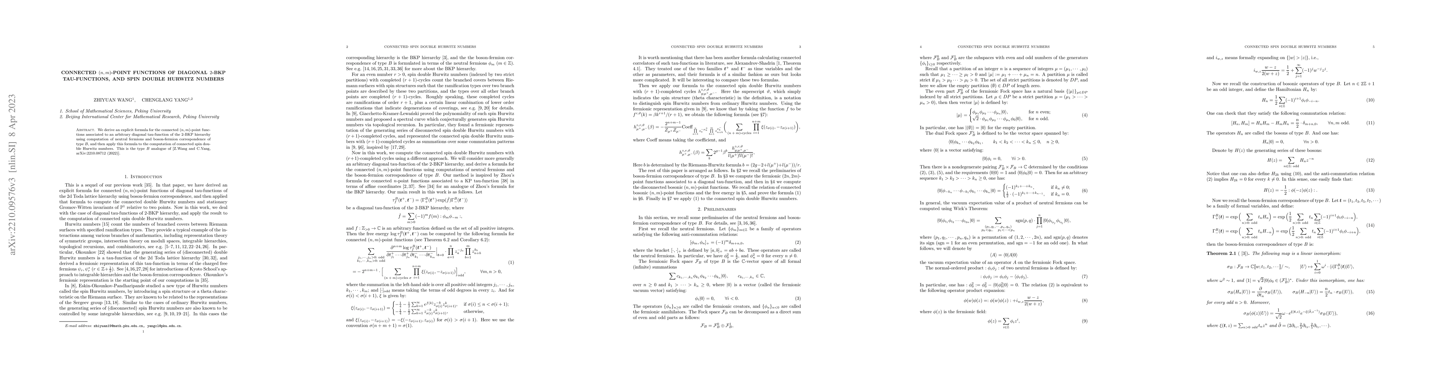 Thumbnail for Connected $(n,m)$-Point Functions of Diagonal $2$-BKP Tau-Functions, and
  Spin Double Hurwitz Numbers