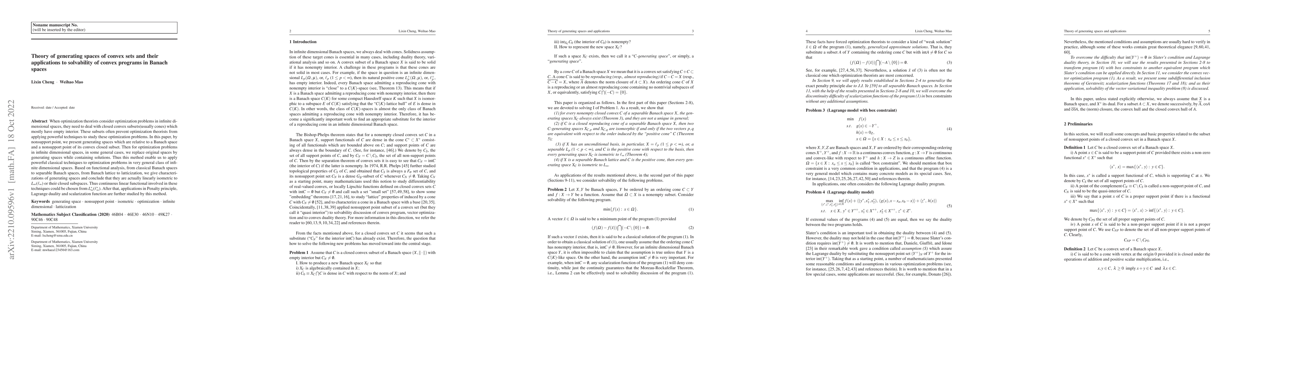 Thumbnail for Theory of generating spaces of convex sets and their applications to
  solvability of convex programs in Banach spaces
