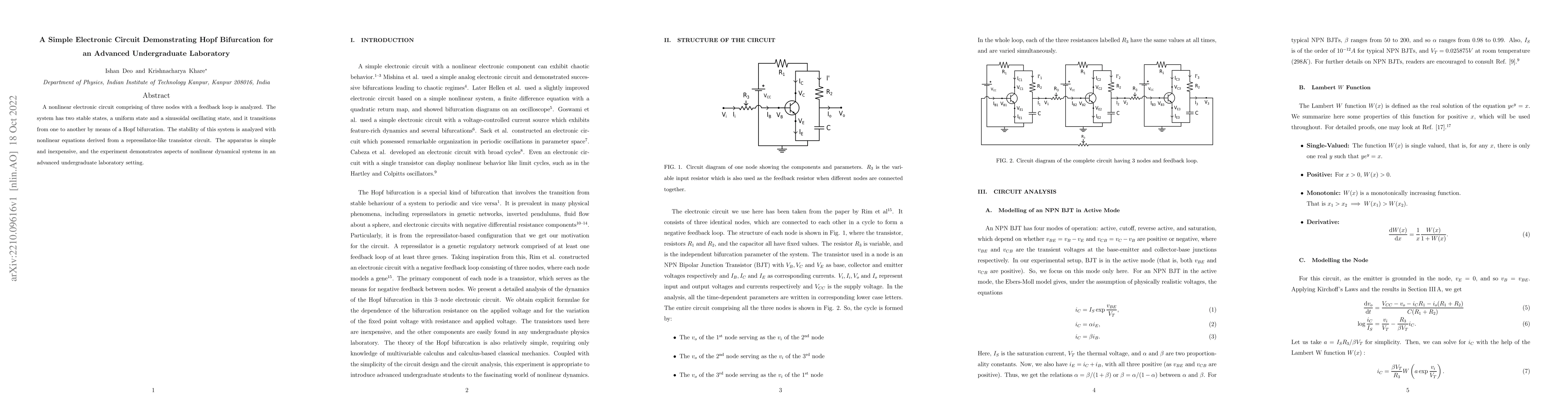 Thumbnail for A Simple Electronic Circuit Demonstrating Hopf Bifurcation for an
  Advanced Undergraduate Laboratory