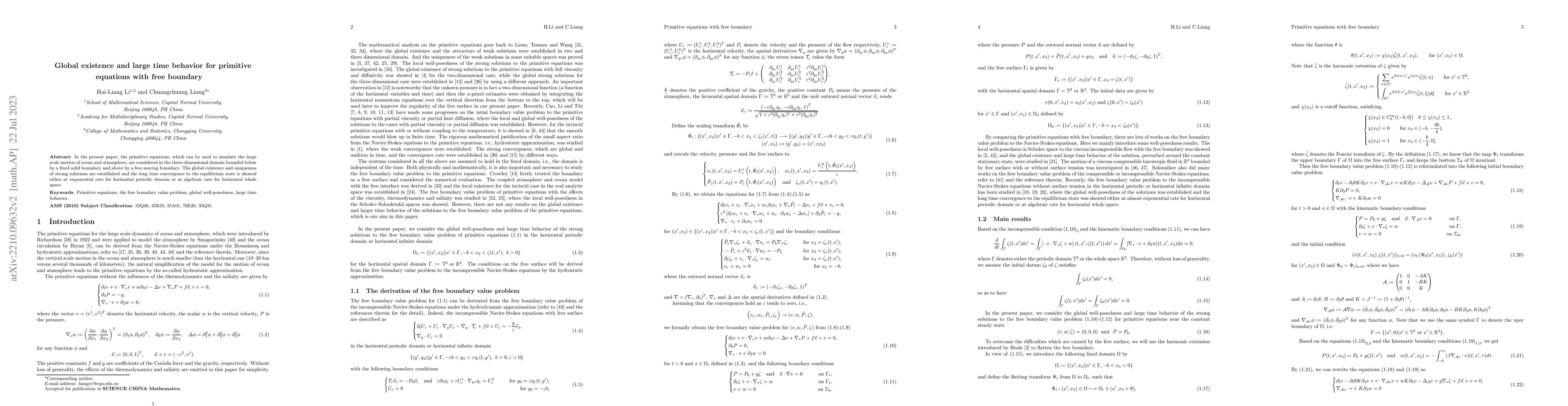 Thumbnail for Global existence and large time behavior for primitive equations with
  free boundary