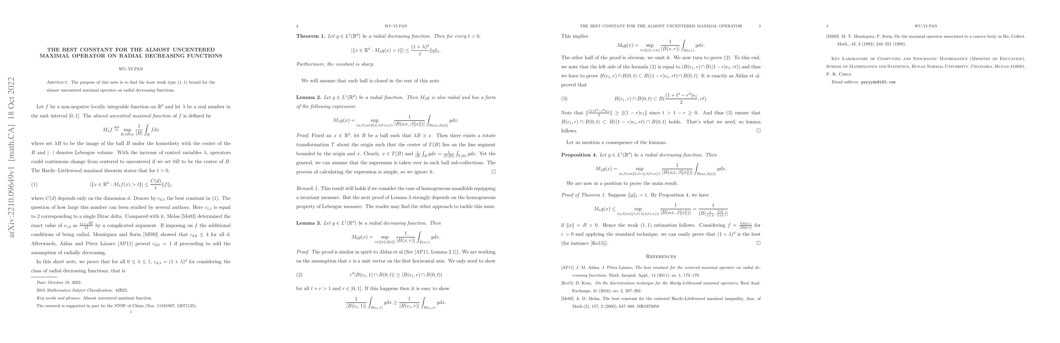 Thumbnail for The Best constant for the almost uncentered maximal operator on radial
  decreasing functions