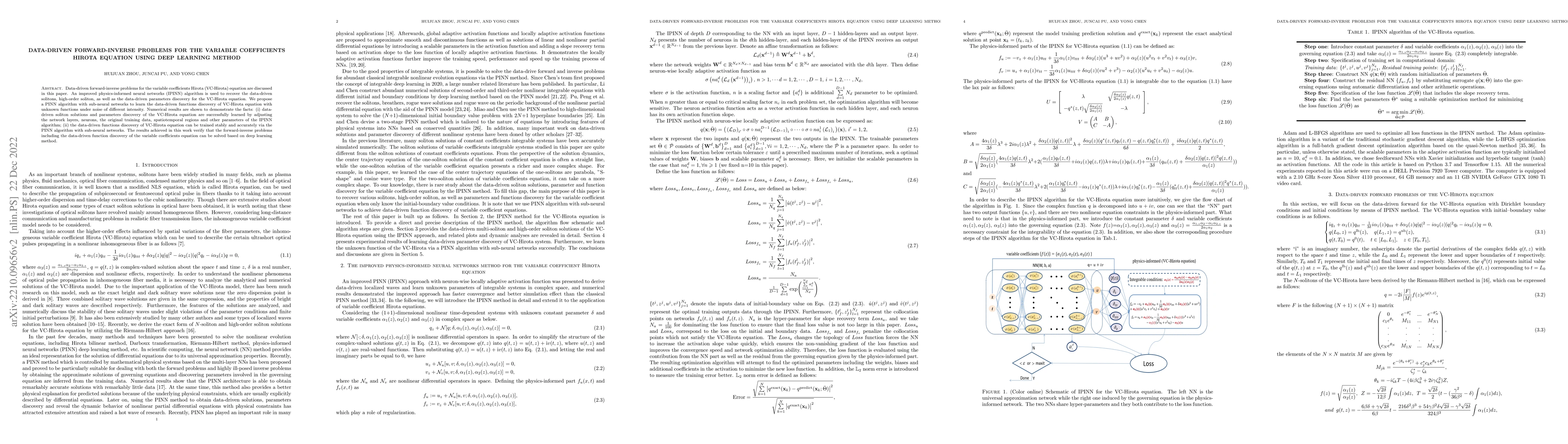 Thumbnail for Data-driven forward-inverse problems for the variable coefficients
  Hirota equation using deep learning method