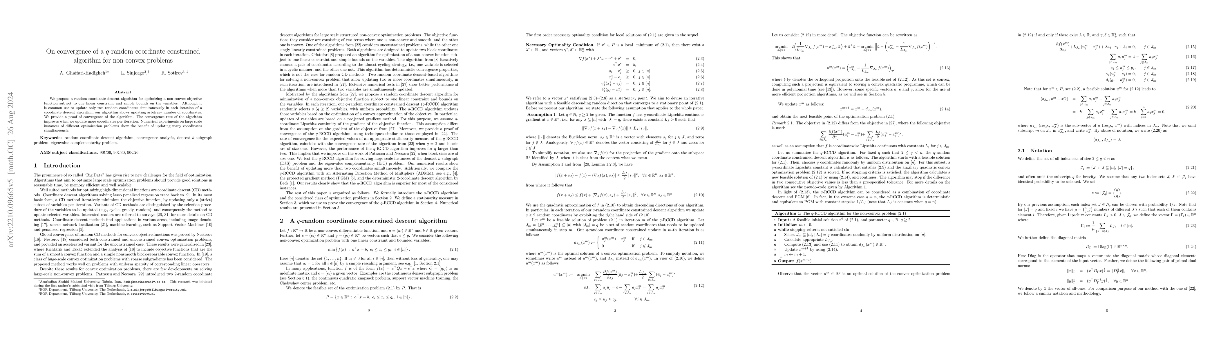 Thumbnail for On convergence of a $q$-random coordinate constrained algorithm for
  non-convex problems