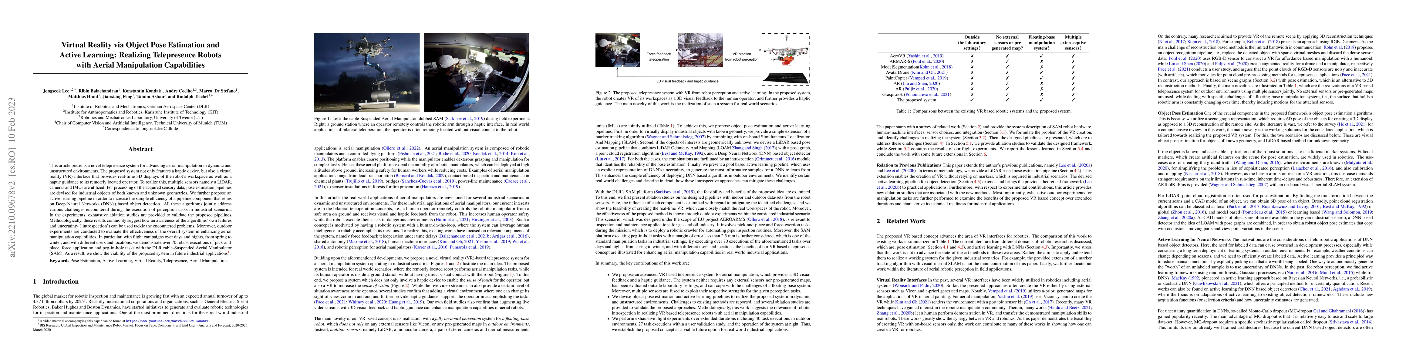 Thumbnail for Virtual Reality via Object Pose Estimation and Active Learning:
  Realizing Telepresence Robots with Aerial Manipulation Capabilities
