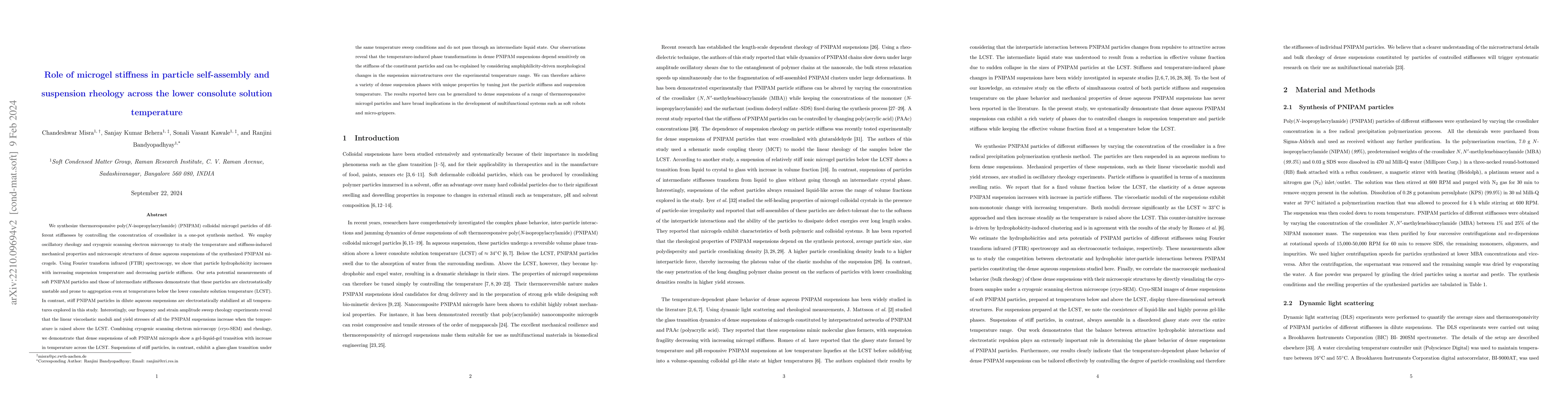 Thumbnail for Role of microgel stiffness in particle self-assembly and suspension
  rheology across the lower consolute solution temperature