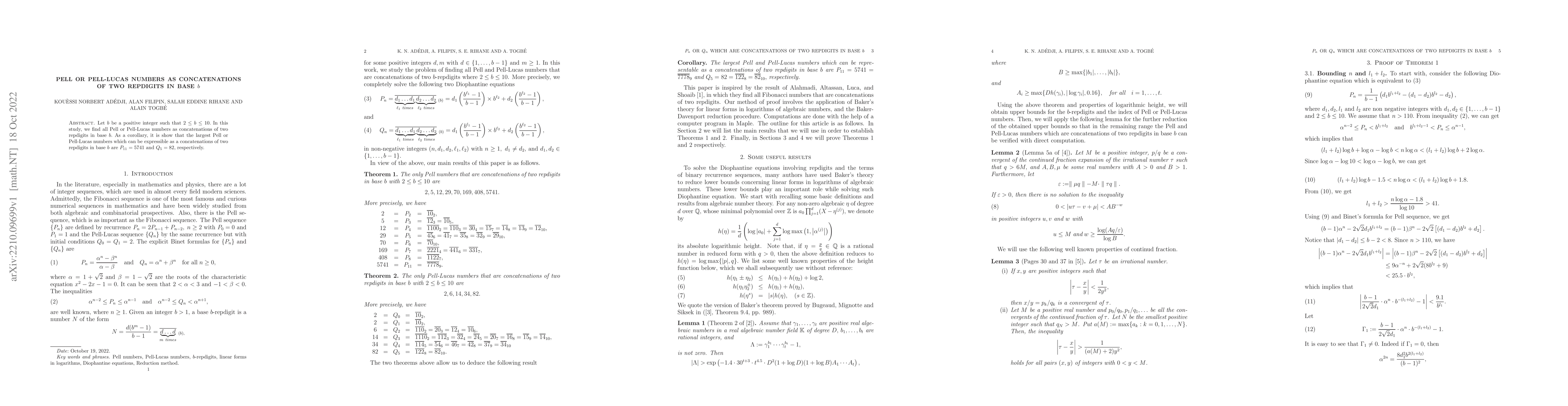 Thumbnail for Pell or Pell-Lucas numbers as concatenations of two repdigits in base
  $b$