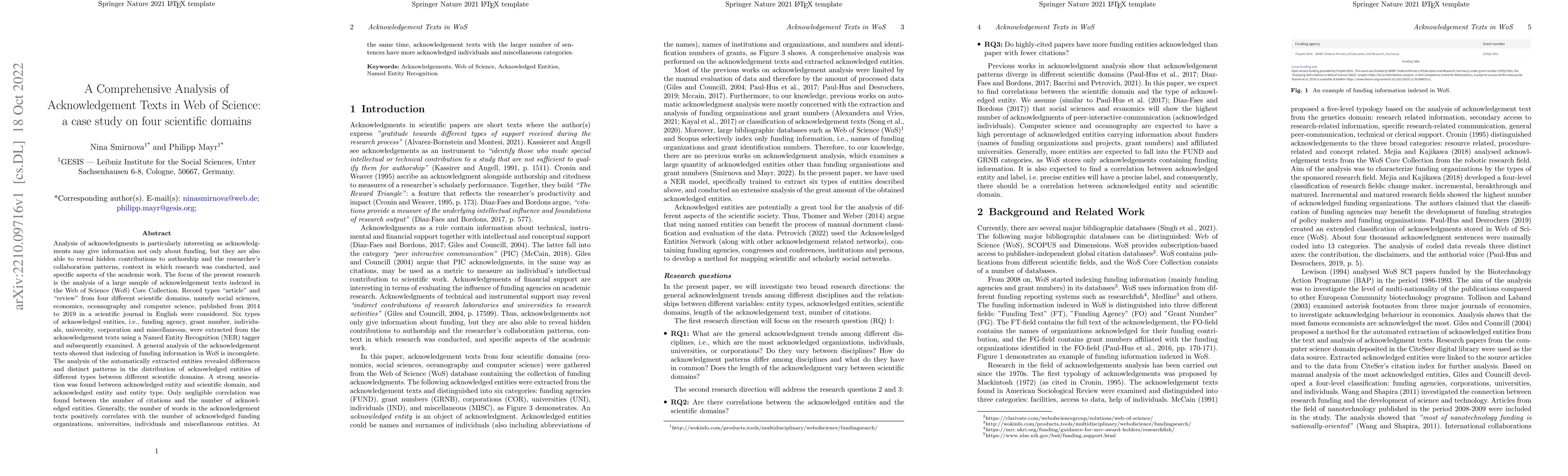 Thumbnail for A Comprehensive Analysis of Acknowledgement Texts in Web of Science: a
  case study on four scientific domains