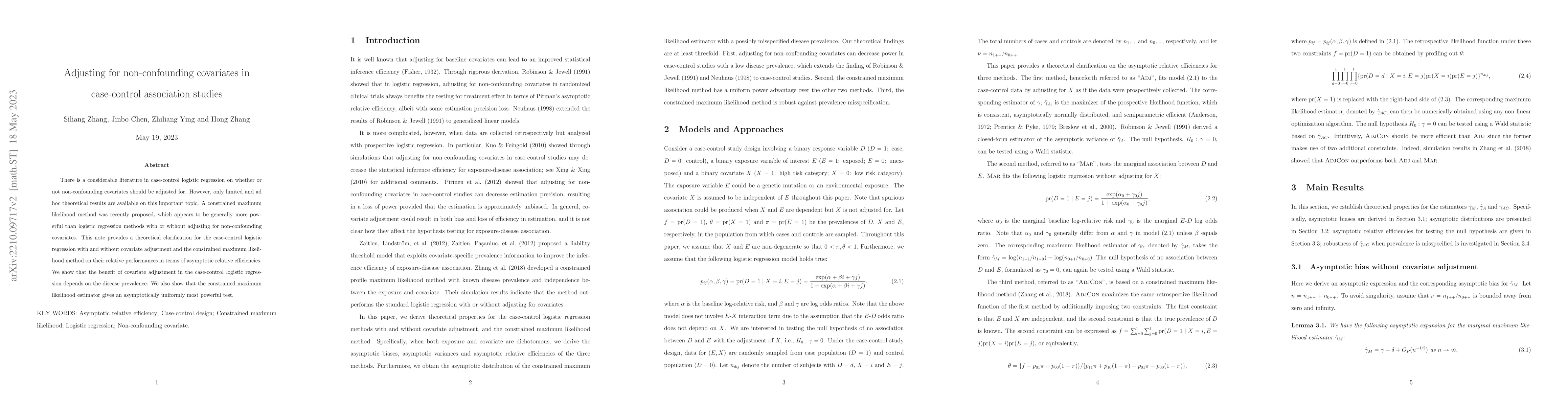 Thumbnail for Adjusting for non-confounding covariates in case-control association
  studies