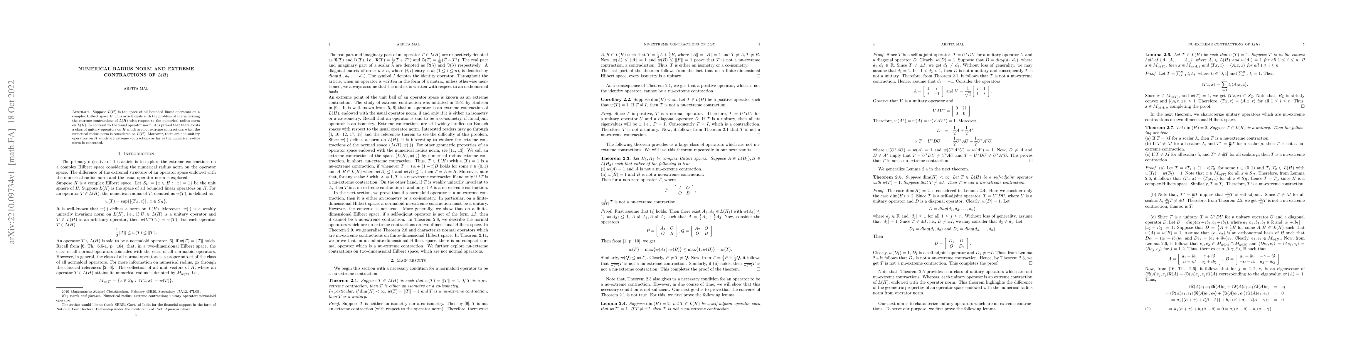 Thumbnail for Numerical radius norm and extreme contractions of $L(H)$