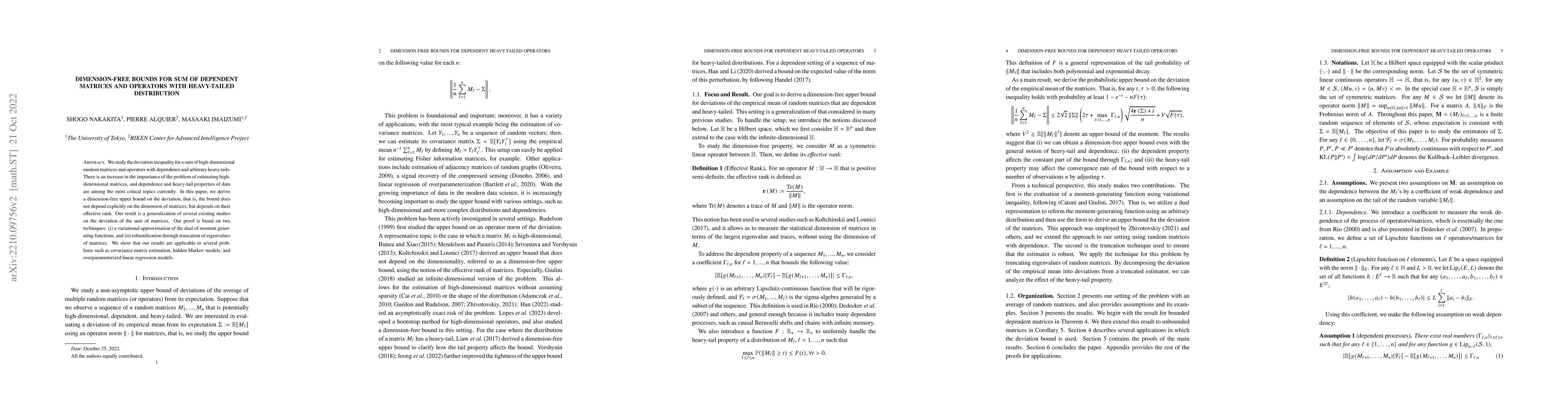 Thumbnail for Dimension-free Bounds for Sum of Dependent Matrices and Operators with
  Heavy-Tailed Distribution