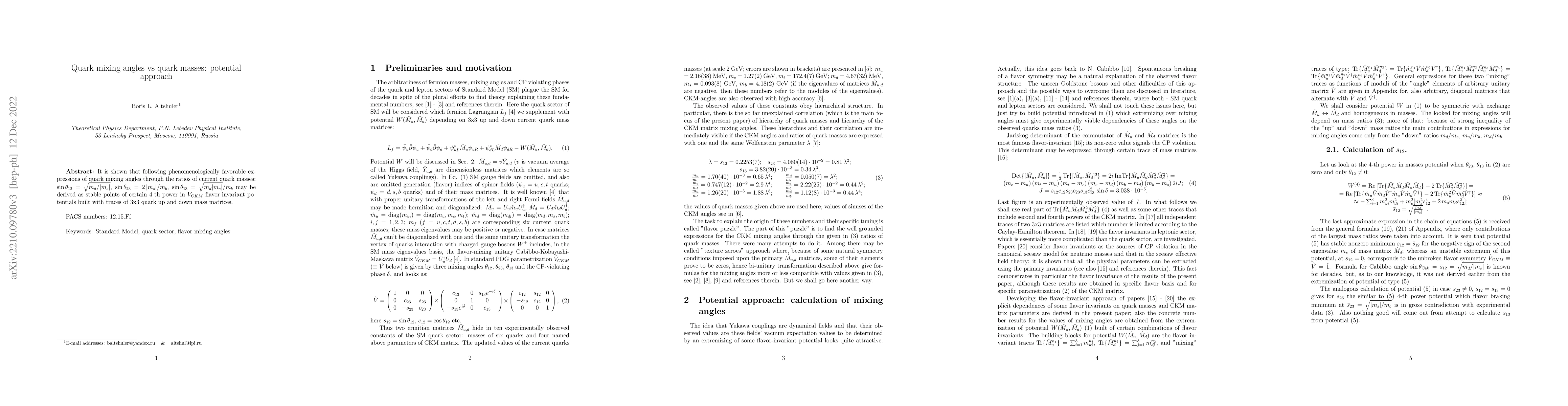 Thumbnail for Quark mixing angles vs quark masses: potential approach