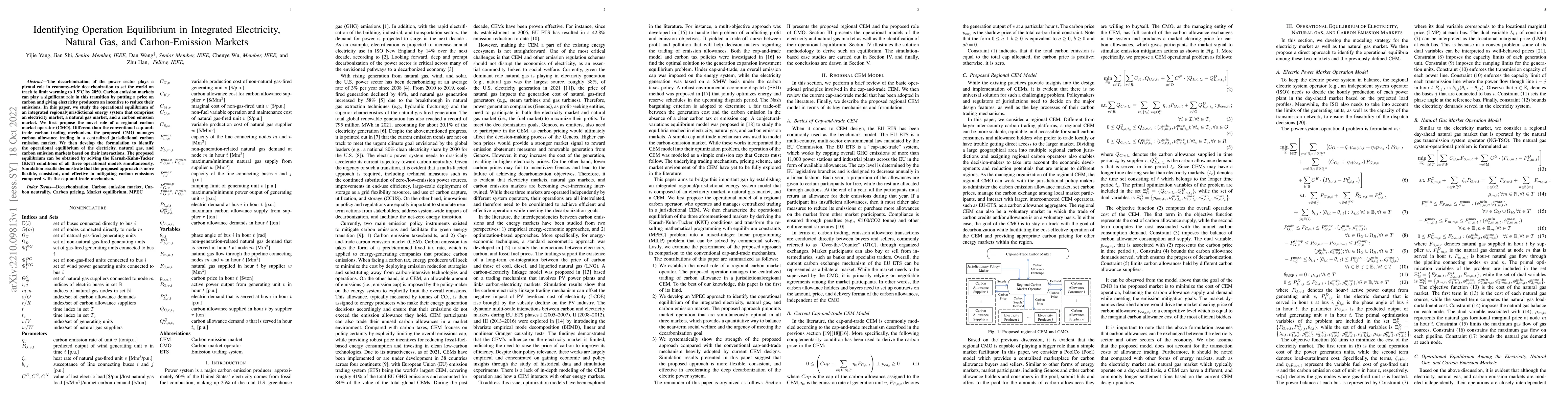 Thumbnail for Identifying Operation Equilibrium in Integrated Electricity, Natural
  Gas, and Carbon-Emission Markets