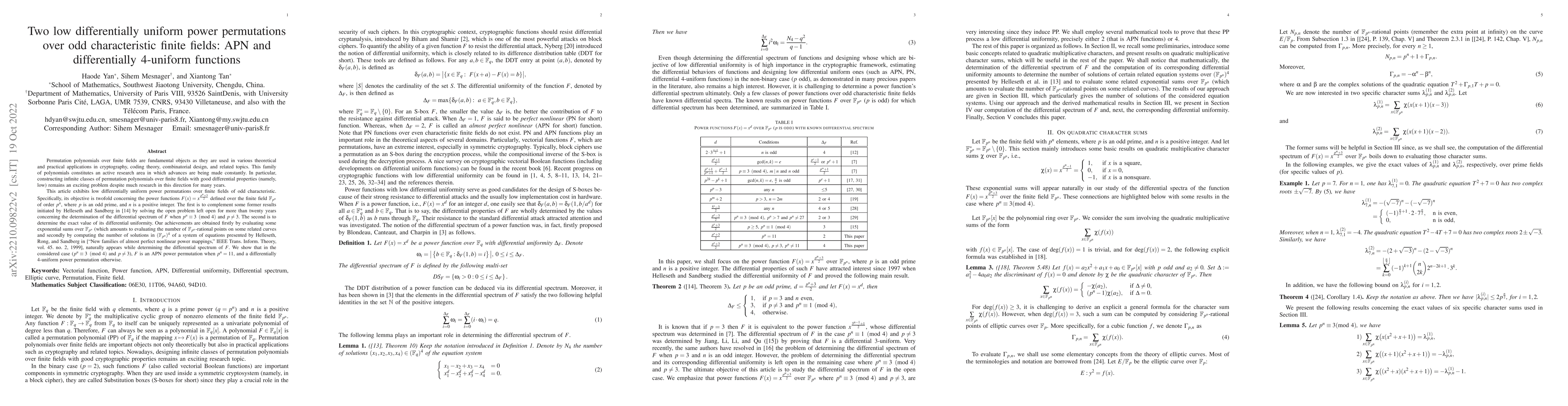 Thumbnail for Two low differentially uniform power permutations over odd
  characteristic finite fields: APN and differentially $4$-uniform functions