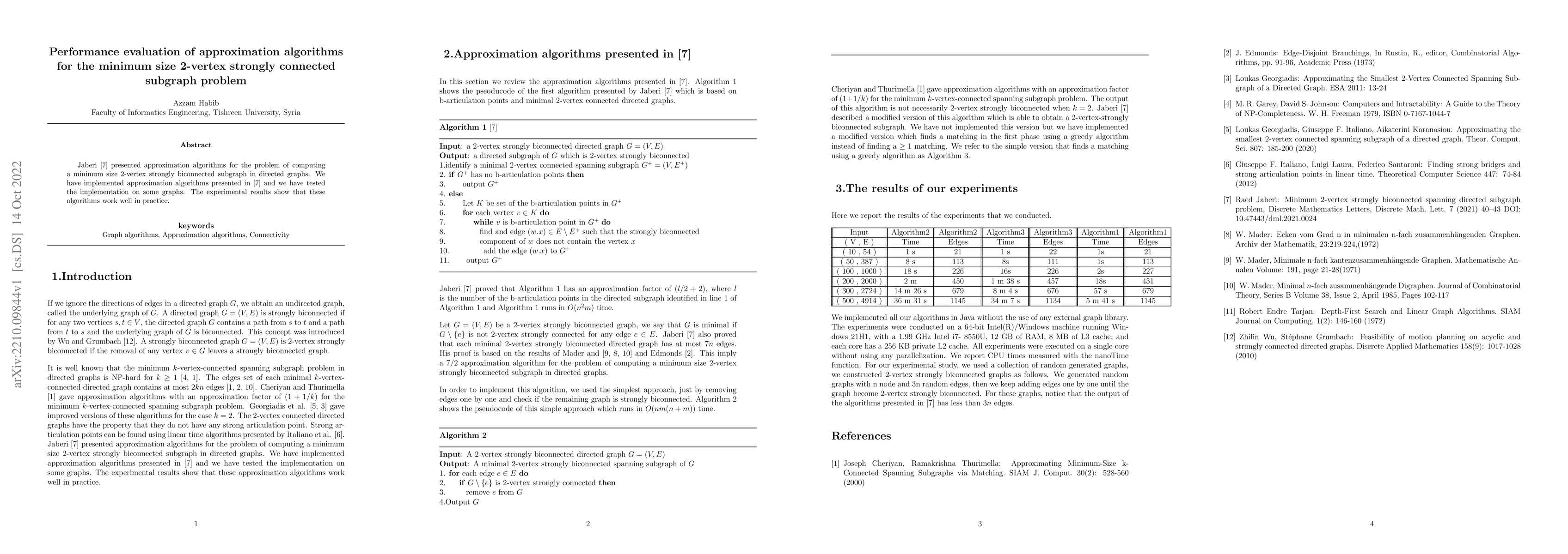 Thumbnail for Performance evaluation of approximation algorithms for the minimum size
  2-vertex strongly connected subgraph problem