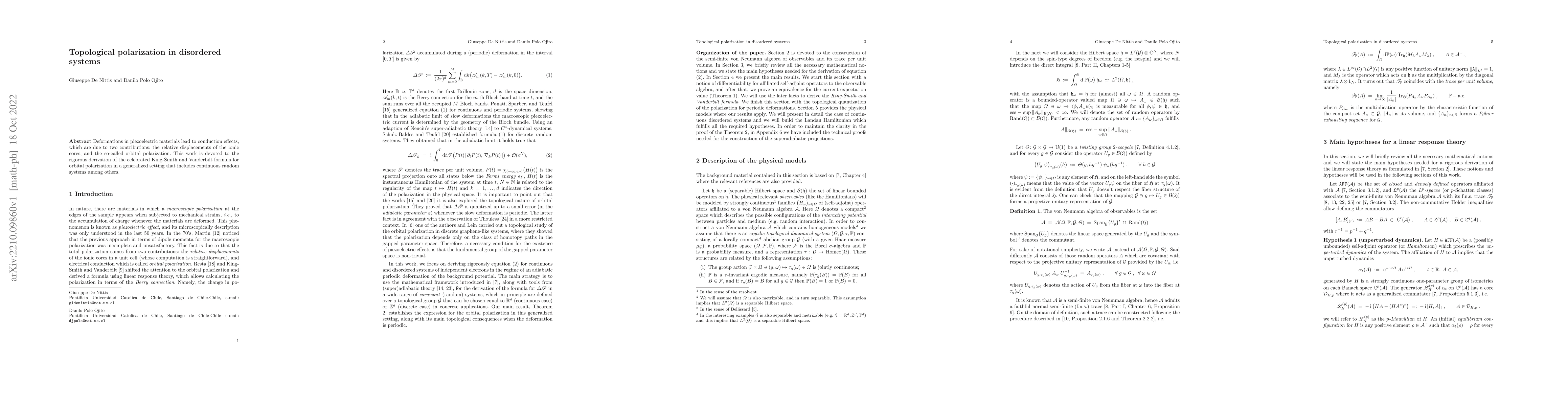 Thumbnail for Topological polarization in disordered systems