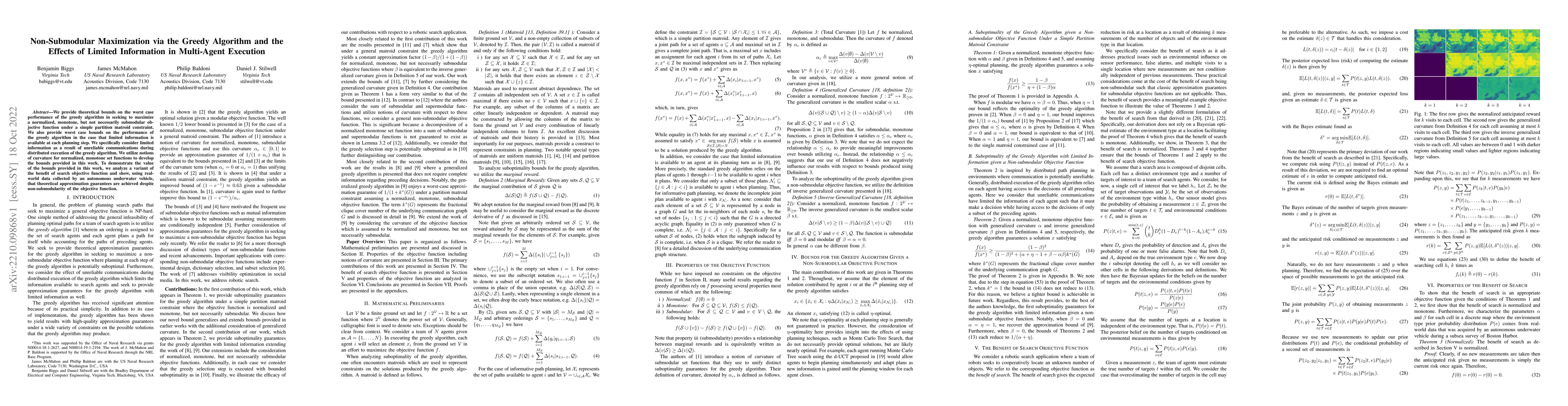 Thumbnail for Non-Submodular Maximization via the Greedy Algorithm and the Effects of
  Limited Information in Multi-Agent Execution