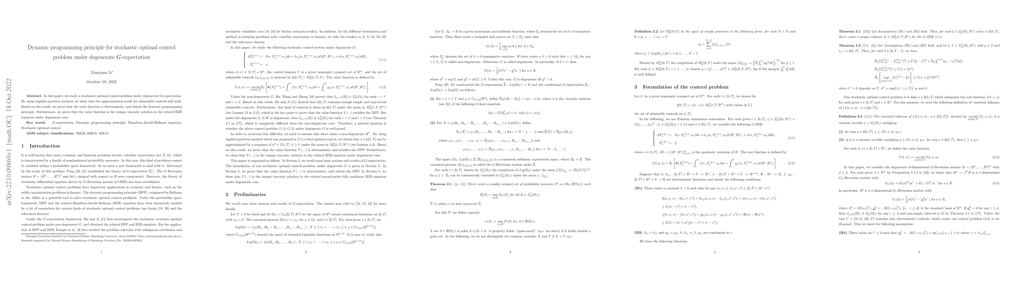 Thumbnail for Dynamic programming principle for stochastic optimal control problem
  under degenerate G-expectation