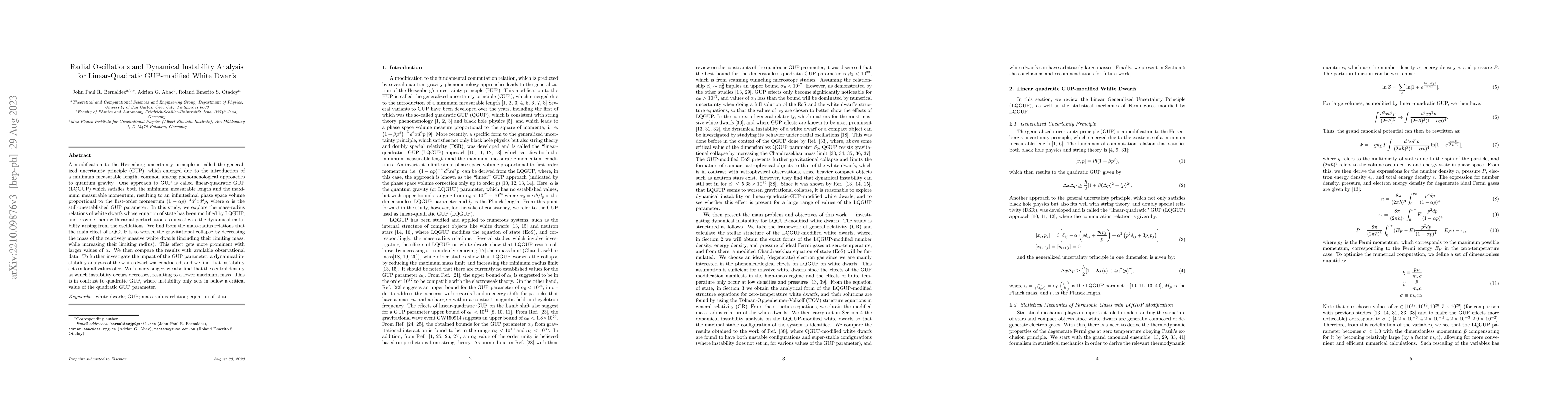 Thumbnail for Radial Oscillations and Dynamical Instability Analysis for
  Linear-Quadratic GUP-modified White Dwarfs