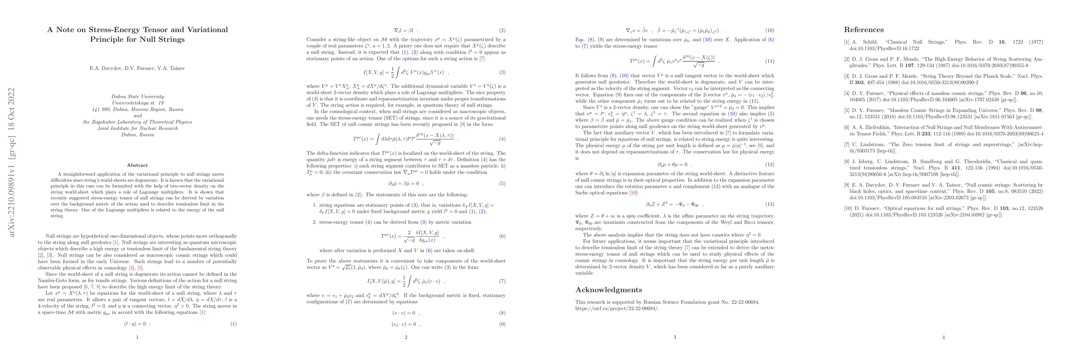 Thumbnail for A Note on Stress-Energy Tensor and Variational Principle for Null
  Strings