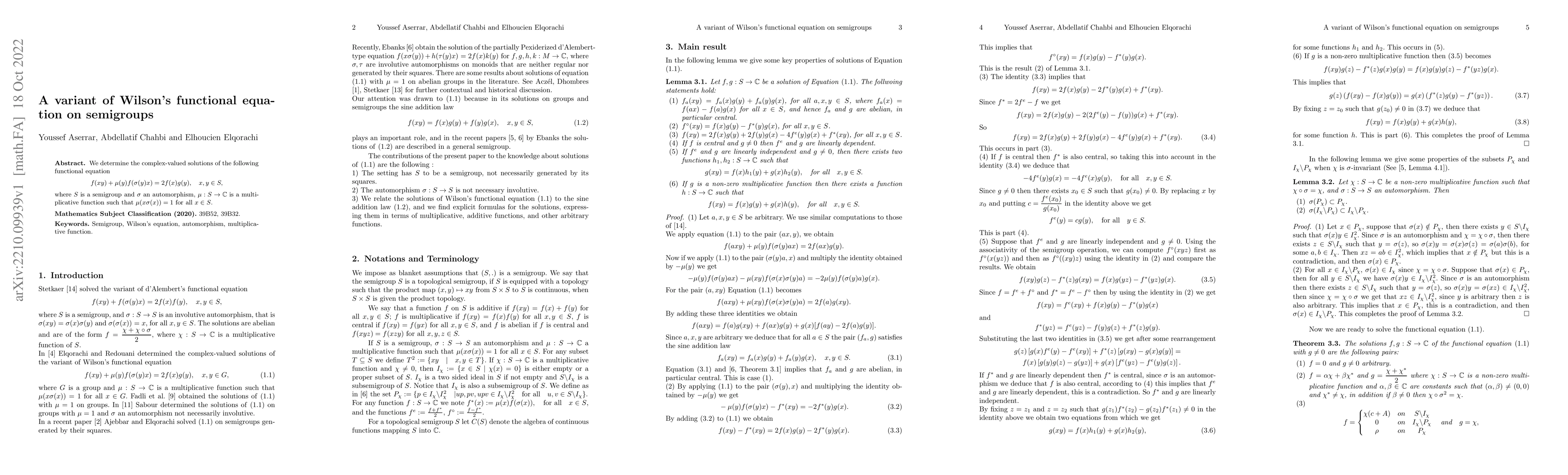 Thumbnail for A variant of Wilson's functional equation on semigroups