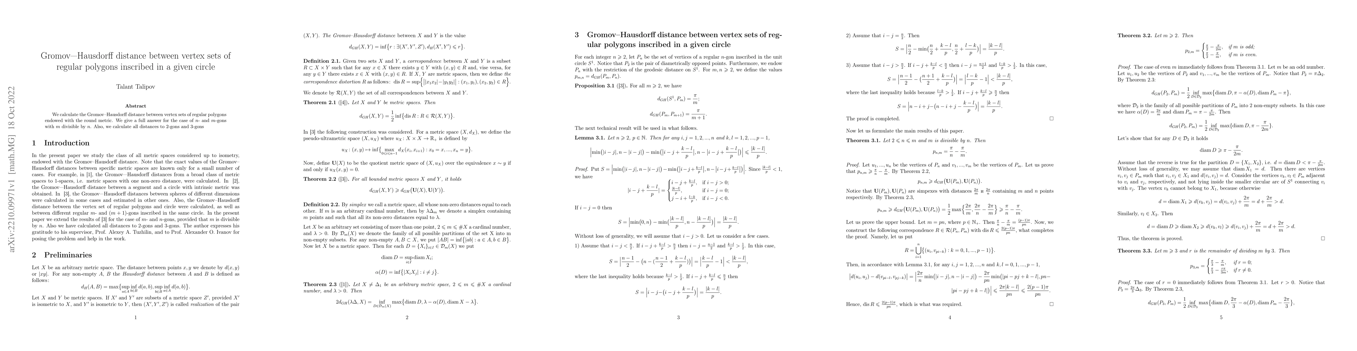 Thumbnail for Gromov-Hausdorff distance between vertex sets of regular polygons
  inscribed in a given circle