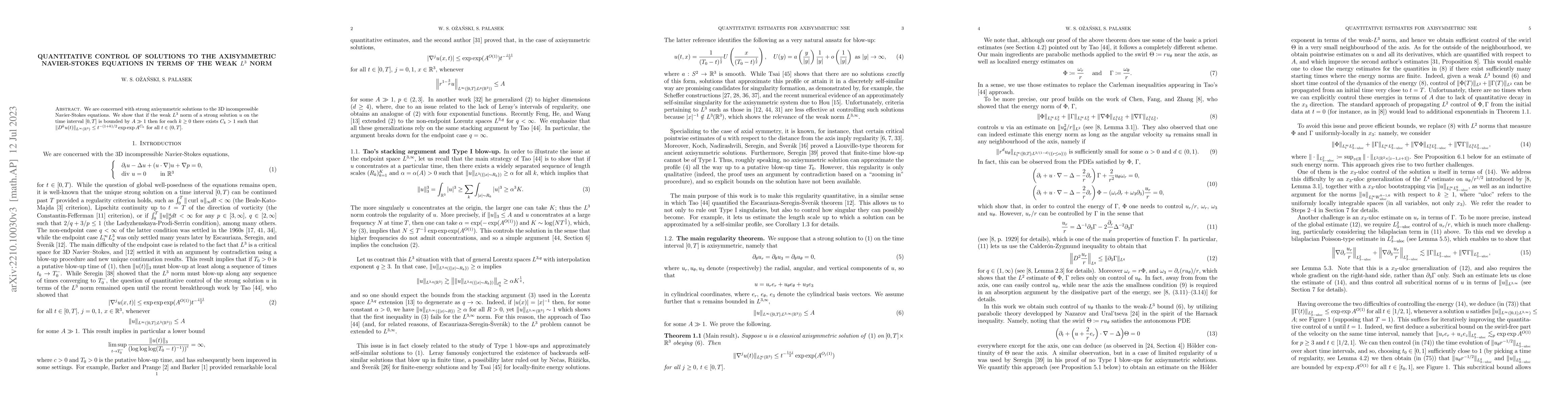 Thumbnail for Quantitative control of solutions to the axisymmetric Navier-Stokes
  equations in terms of the weak $L^3$ norm