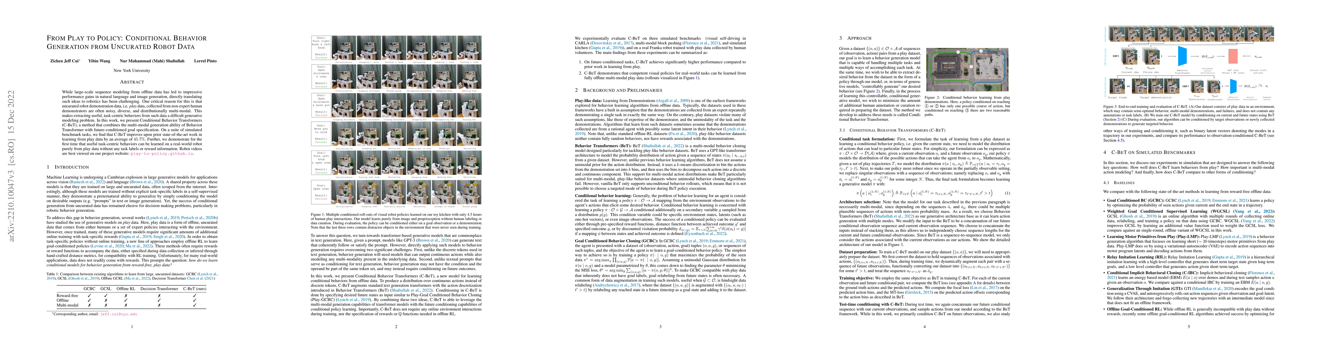 Thumbnail for From Play to Policy: Conditional Behavior Generation from Uncurated
  Robot Data