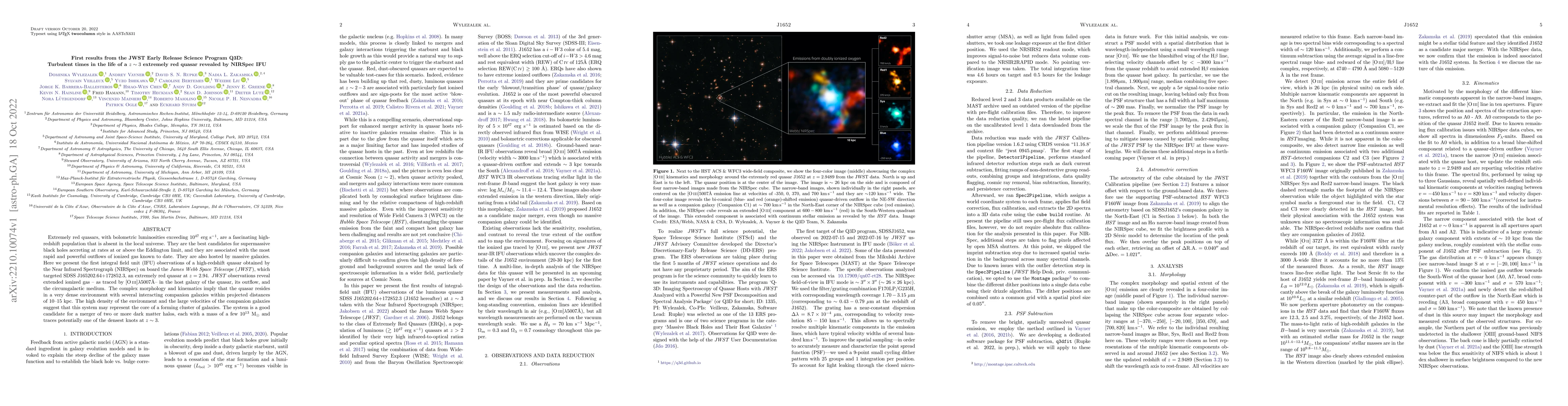 Thumbnail for First results from the JWST Early Release Science Program Q3D: Turbulent
  times in the life of a $z \sim 3$ extremely red quasar revealed by NIRSpec
  IFU